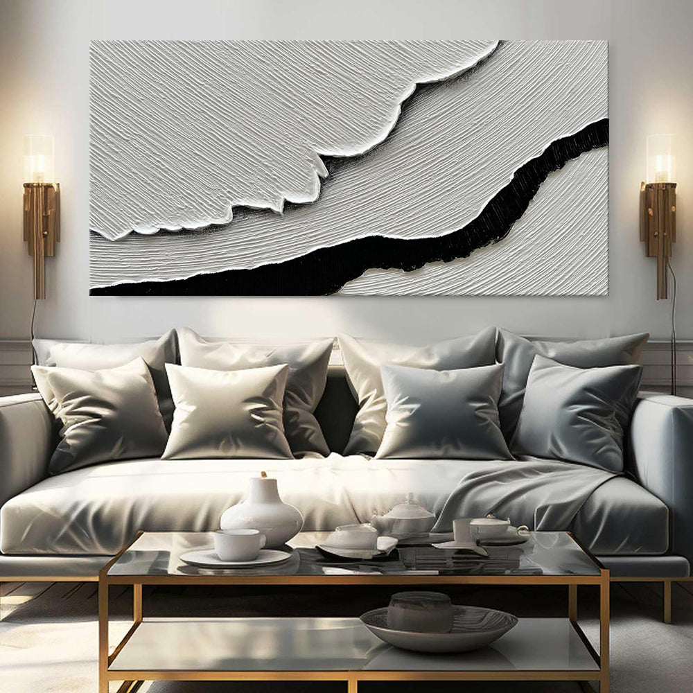 Black White Sea Waves Abstract Paintings Hand-painted Wall Art Horizontal Oil Painting Textured Art Home Living Room Bedroom Decor